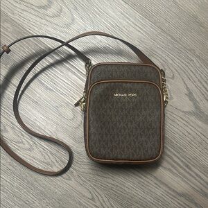 Michael Kors Brown Monogram Crossbody Bag with Gold Accents